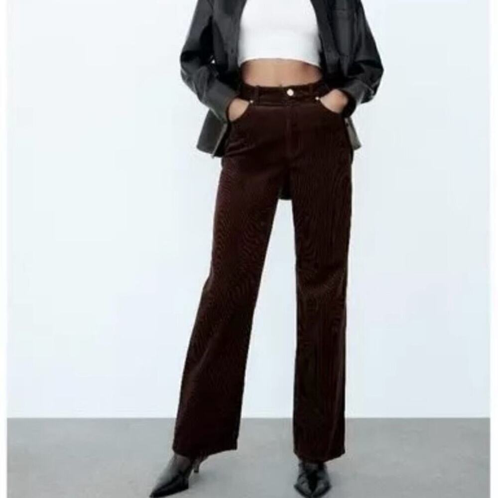 Zara Brown Corduroy Wide Leg High Waist Pants Casual Womens Size 8